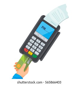 Human hand taking green credit card from POS terminal with white cheque and PIN inscription on screen. Process of paying using plastic card. Vector illustration of isolated paying electronic device