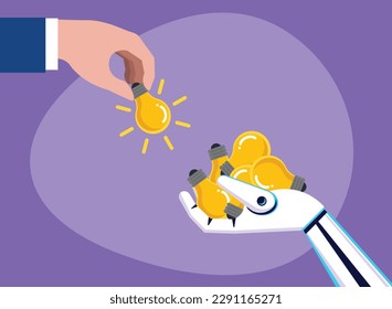Human hand taking a light bulb from the hand of a robot. Concept of a person taking an idea from an artificial intelligence.