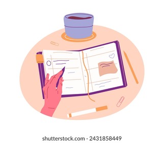 Human hand taking notes. Person writing, filling planner or signing documents, hand holding pen isolated flat vector illustration. Paperwork concept