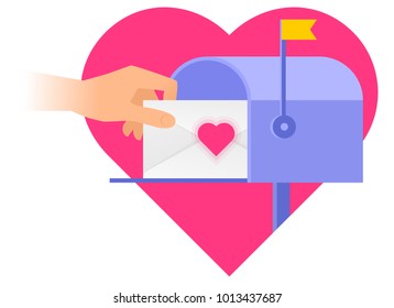 Human hand is taking out an envelope from a mailbox with heart sign on the background. Flat vector illustration of a postbox, a hand holding a letter. Valentine day, romantic correspondence concept.