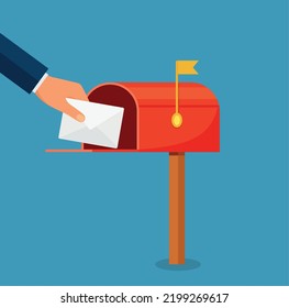 Human hand is taking out an envelope from a postbox. Flat vector illustration of mailbox and a hand holding sealed letter. Receiving a correspondence, postal, mail concept  eps 10