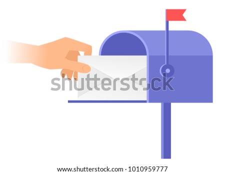 Human hand is taking out an envelope from a postbox. Flat vector illustration of mailbox and a hand holding sealed letter. Receiving a correspondence, postal, mail concept isolated on white background