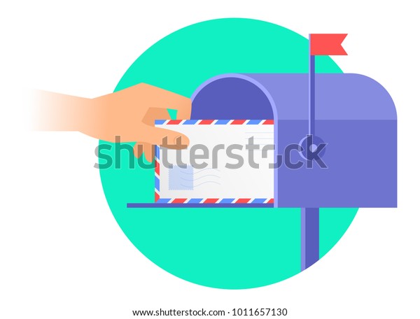 人間の手が郵便受けから封筒を取り出している 郵便ポストボックスとビア文字を持つ手の平らなベクターイラスト 白い背景に通信 郵便 メールのコンセプトを受け取る のベクター画像素材 ロイヤリティフリー