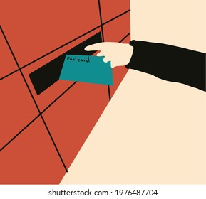 Human hand is taking out an postcard from a postbox. Receiving a correspondence, postal, mail concept. Vector trendy illustration with mailbox, correspondence
