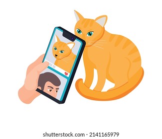 Human hand taking photo of cat on mobile phone and posting it on social media isometric icon vector illustration