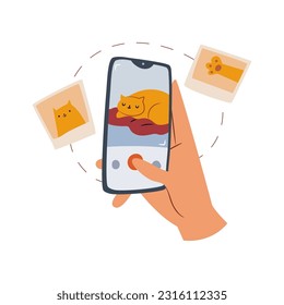 Human hand taking photo of cat on mobile phone or looking pictures with cute pet animal flat cartoon vector illustration. Cat posting it on social media