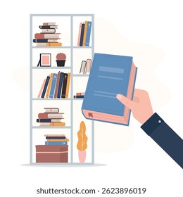 Human hand taking, picking book from bookshelf. Shelf in library, store, at home. Time to read. Bestseller collection in bookstore. Scholarship and educational opportunity. cartoon vector illustration