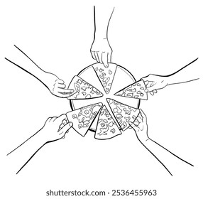 Human Hand Taking Pizza Slices, Hand Drawn Food Illustration on White Background