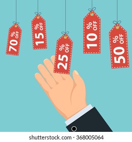 Human hand taking a tag with discount. Stock vector illustration.