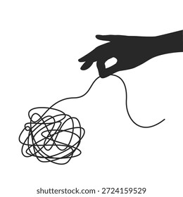 mão humana e linhas emaranhadas. Conceitos de psicoterapia, psicologia, pensamento positivo, pensamento orientado a soluções. Desvendando pensamentos caóticos.