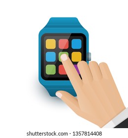 Human hand tap the application icon on smart watch screen. Vector illustration of smartwatch icon on white background