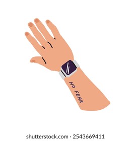 Human hand with tattoo and wristwatch for sports training top view. Person with modern device to measure time, pulse. Digital watches on wrist. Flat isolated vector illustration on white background