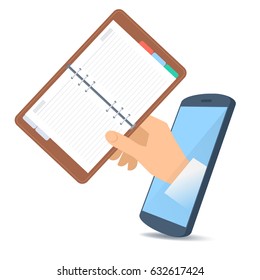 A human hand through the mobile phone's screen holds a schedule planner. Technology, time management and smart phone apps flat concept illustration. Vector design element isolated on white background.