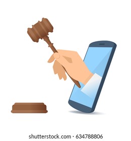 A human hand through the mobile phone's screen holds a wooden gavel. Modern technology, smart phone app and online auction flat concept illustration. Vector design element isolated on white background