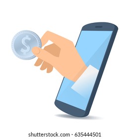 Eine menschliche Hand durch den Bildschirm des Mobiltelefons hält eine Dollar-Münze. Smartphone-Apps, Online-Geld, Banking und Cashback-Wohnung flache Concept-Illustration. Vektordesign-Element einzeln auf weißem Hintergrund.