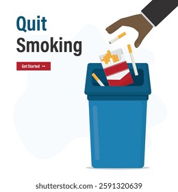 Human hand throw cigarettes pack into trash can. Man quit smoking concept. Stop smoking, quit bad habit. Healthy lifestyle. Stop unhealthy addiction. flat vector illustration