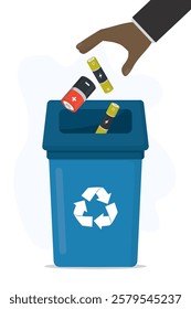 Human hand throw the used batteries into recycling container. concept of garbage processing. Separation garbage, waste management. Reuse old battery. flat vector illustration isolated white background