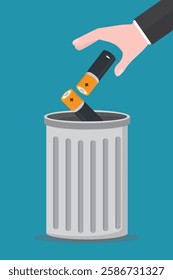 Human hand throw the used batteries into recycling container. concept of garbage processing. Metal trash can. Separation garbage, waste management. Reuse old battery. flat vector illustration