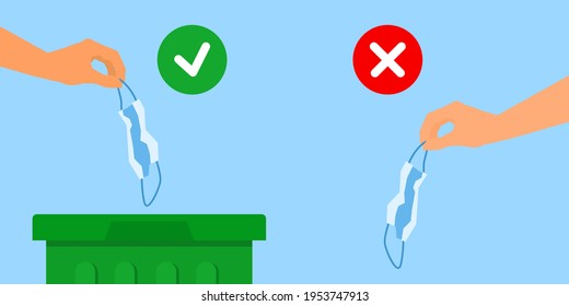 mano humana arrojar máscara facial usada en el basurero después de covid 19 concepto de reciclado de ecología ilustración vectorial