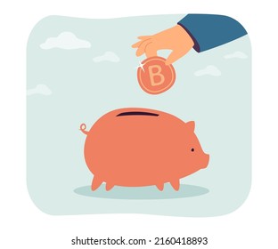 Human hand throwing bitcoin into piggy bank. Person saving digital currency in pig money box flat vector illustration. Investment, account concept for banner, website design or landing web page