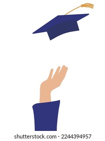 Gorra de graduación tirando mano humana. Ilustración vectorial.
