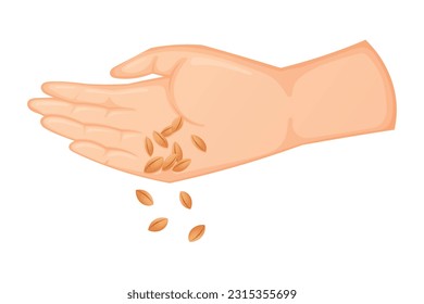 Human hand throwing plant seeds. The concept of gardening and sowing. Vector isolated cartoon illustration.