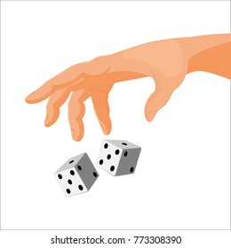 Human hand throws black and white dice isolated illustration