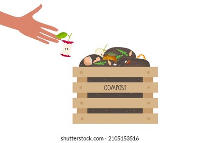 Human hand throws core apple in box with compost. Wooden Composting box with kitchen leftovers. Food waste. Environmentally responsible behavior. Garbage sorting. Recycling concept.