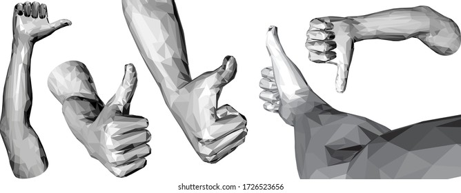 Human hand with thumb up. All is well, the best choice. A set of several types made in polygonal technique of triangles and rectangles. Black and white color