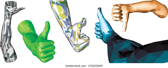 Human hand with thumb up. All is well, the best choice. A set of several types made in polygonal technique of triangles and rectangles. Colorful option