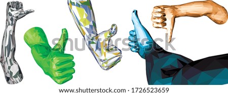 Human hand with thumb up. All is well, the best choice. A set of several types made in polygonal technique of triangles and rectangles. Colorful option