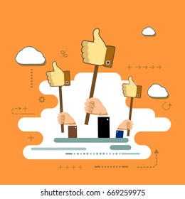 Human hand with thumb up. Customer feedback concept. Icon like in the social network. Political elections and voting on the referendum. Stock vector flat line graphics.