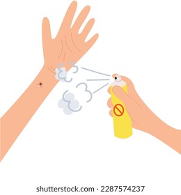 The human hand with the tick bite.  Protection against mosquitoes,ticks and other insects. Aerosol to prevent insect bites. Healthcare illustration. 