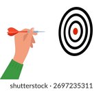 Human hand with tool for playing darts. Dart throw as symbol of success, goal achievement. Hand holding throwing dart with sharp tip.