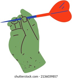 Human hand with tool for playing darts. Dart throw as symbol of success, goal achievement. Playable object to be thrown at target vector illustration. Hand holding throwing dart with sharp tip