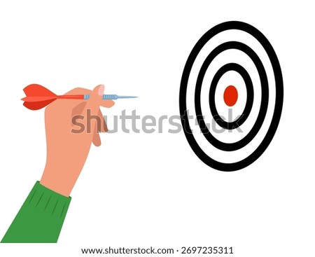 Human hand with tool for playing darts. Dart throw as symbol of success, goal achievement. Hand holding throwing dart with sharp tip.