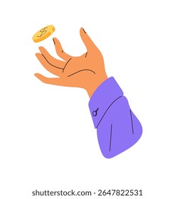 Human hand tossing and catching golden coin. Person is throwing up gold cent in air. Finance, taking money, saving cash, income and financial literacy. Flat isolated vector illustration on white