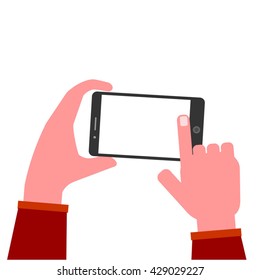 Human hand touch blank smart phone screen to take photo or play movie. Finger touch mobile phone screen to browse internet, social media, music,  images or e-book 