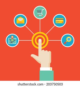 Human Hand - Touch Concept with Icons in Flat Design Style for presentation, booklet, website and other design projects.