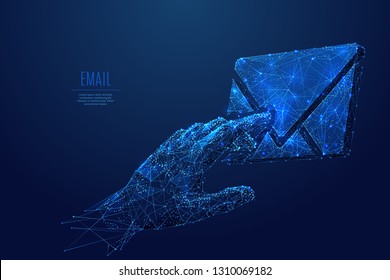 Human hand touch on email symbol. Low poly wireframe vector illustration. Concept of management postal internet service. Futuristic technology digital image with polygon mesh. 