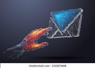 Toque de mano humana en el símbolo de correo electrónico. Ilustración vectorial del modelo de alambres de popa baja. Concepto de gestión del servicio postal de Internet. Imagen digital de tecnología futurista con malla de polígono.  Líneas de metal blanco.