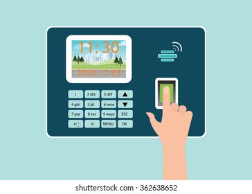 Human Hand touch screen with fingerprint in Time recorder machine, vector illustration.