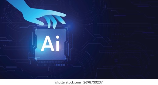 Mano humana que toca el chip de IA que brilla intensamente en la interfaz digital, la inteligencia artificial futurista y el concepto de tecnología de innovación.