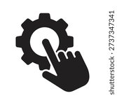 Human hand touching mechanical gear wheel icon symbolizing manual control configuration settings interaction maintenance operation concept design