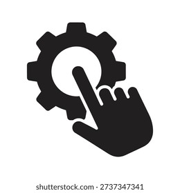 Human hand touching mechanical gear wheel icon symbolizing manual control configuration settings interaction maintenance operation concept design
