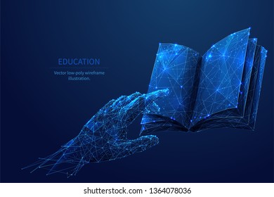 Human hand touching on a book. Low poly wireframe online education blue background or concept with opened book. Digital Vector illustration. Online reading or courses.  - Shutterstock ID 1364078036