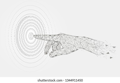 Human hand touching, pointing, targeting low poly wireframe mesh made of points, lines and shapes. Vector polygonal art style illustration. Reach target poster banner template. - Powered by Shutterstock - Get 15% off with code: PIKWIZARD15