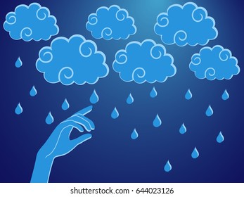Human hand touching a rain droplet, stylised conceptual vector illustration