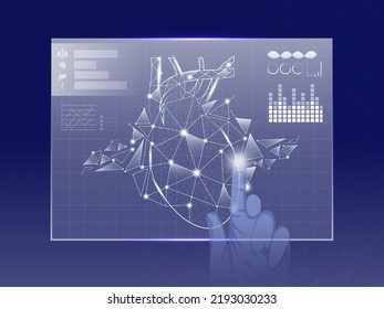 Human Hand Touching Virtual Polygon Heart On Blue Background.