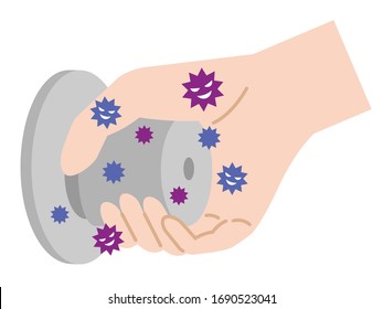 human hand and transportation handle with bacteria. transmit infectious diseases. Isolated on white background. 